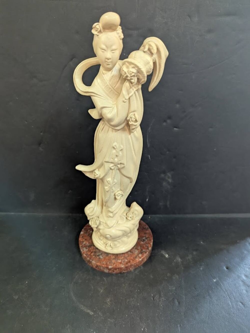 Vintage Figure Japanese Cream Color Geisha, 1950's on red marble pedestal